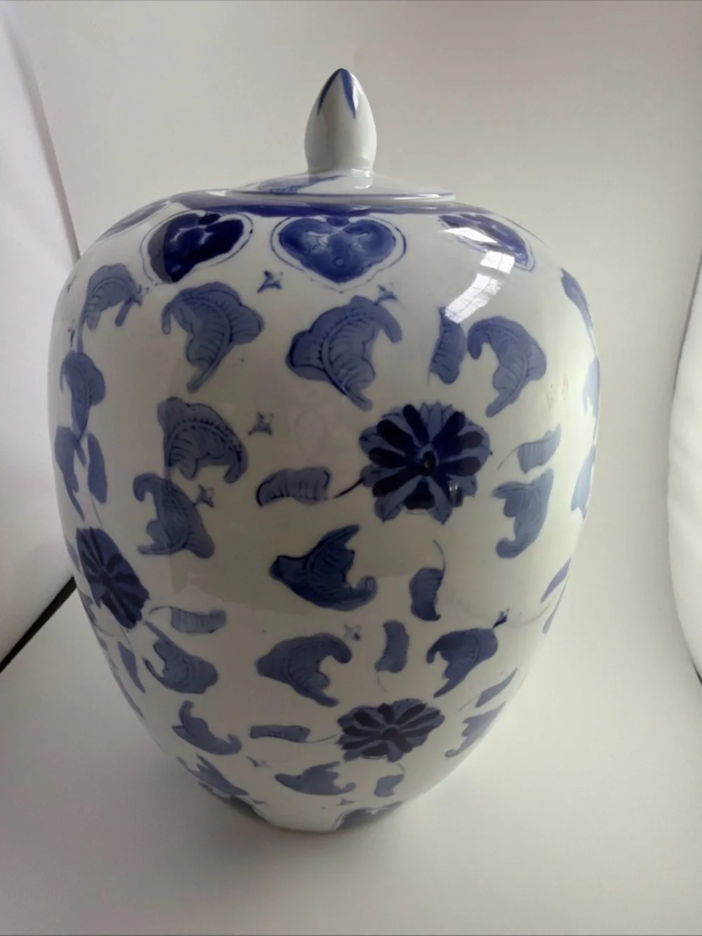 Vintage Chinese Blue and White Porcelain Ginger Jar with Lid 12”
